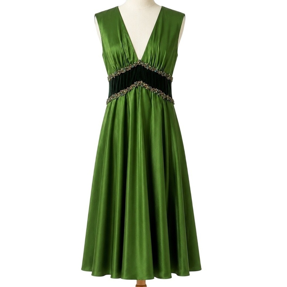 Maria Bianca Nero Silk Green Velvet Beaded Empire Waist Party Dress M Y2K 90s